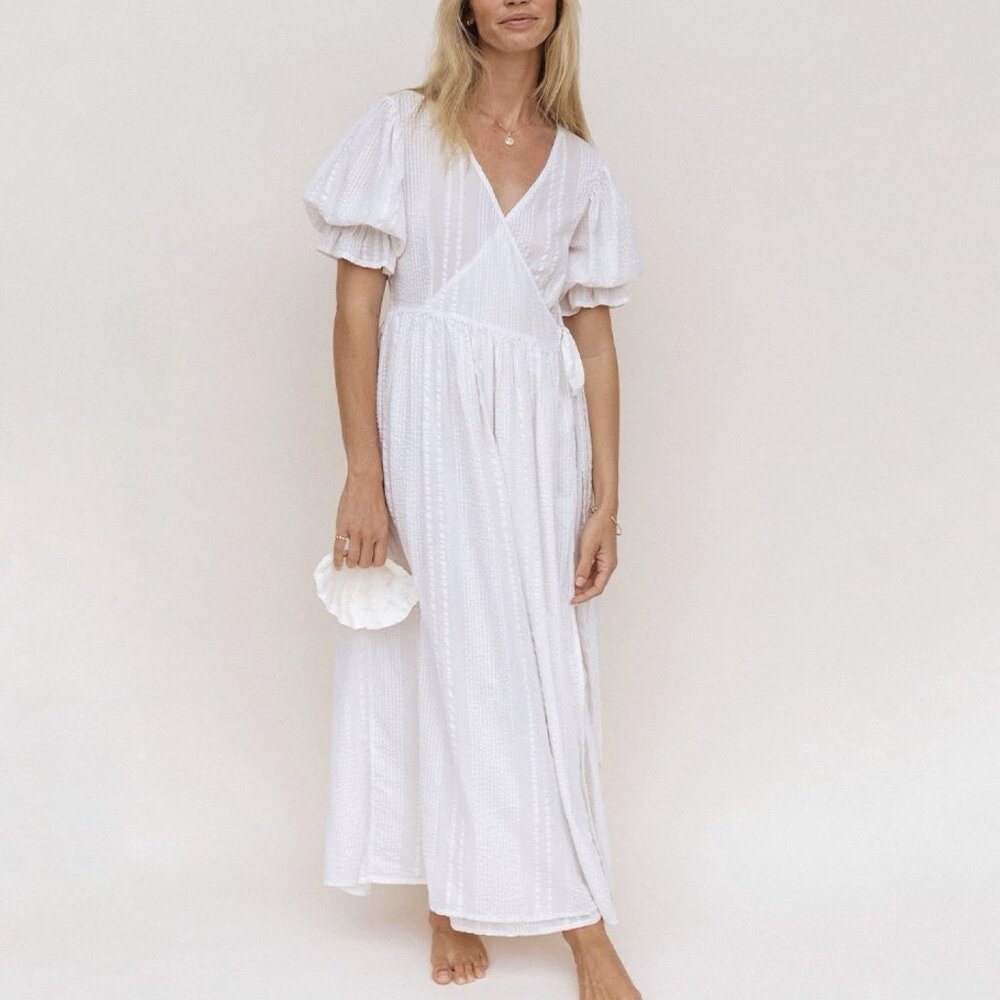 Daughters of India White Maxi Wrap Dress with Puff Sleeves.